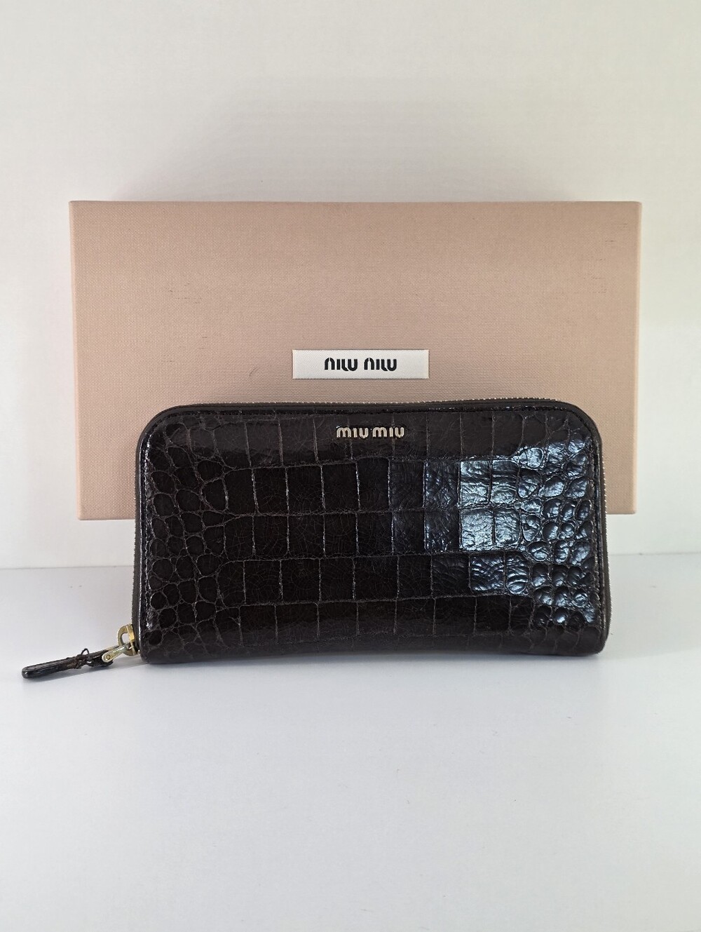 Miu Miu Dark Brown Croc-Embossed Wallet With Box